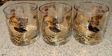 MCM Osborne Kemper Thomas Gold Peacock Vintage Barware Lowball 3.5” Set of 3 picture