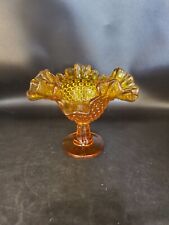 Vintage Fenton Amber Glass Hobnail Ruffled Pedestal Candy Bowl Dish Compote MCM picture