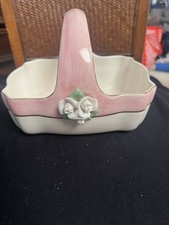 Teleflora Ceramic Basket Pink and White/Gold Trim with Pink Porcelain Roses picture