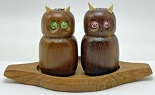 Vintage Mid Century Modern Danish Owl Teak Salt Pepper Shaker Set Gem Eyes picture