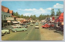 Vintage Big Bear Ca Postcard Main Street Signs Reedys 76 Gas Drugs Malt Cars picture