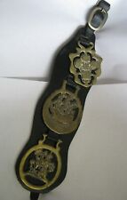 Black Leather Strap w 3 Brass Medallions, Mayflower, St. George, Prince of Wales picture