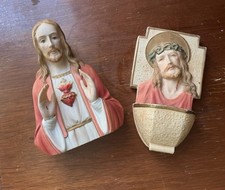 Vintage 1961 1962 Sacred Heart Jesus Bust & Holy Water Font Set Bisque Japan AR picture