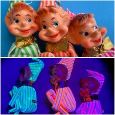 Vtg Set 3 Christmas Pixie Elf Ornaments Florescent Orange Pink Green Glow Japan picture