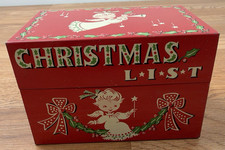 Vintage MCM Tin Christmas List Recipe Card Box Stylecraft 818 Angels Red picture