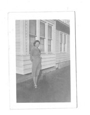 VTG B&W Found Small Snapshot Photo Pretty Woman in Dress Posing by House picture