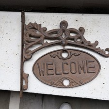 Cast Iron Wall / Door Mounted Brown Welcome / Go Away Swivel Sign 11.5