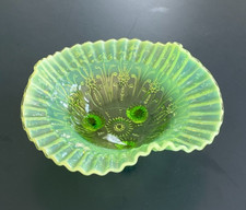 ANTIQUE NORTHWOOD GLASS GREEN OPALESCENT RUFFLED NOVELTY BOWL PEARL FLOWERS picture