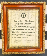 RARE 1945 WWII Amchitka Aleutians Athletic Award Softball Certificate Named picture