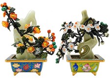 Miniature Palace Style Jade Flower Bonsai in Cloisonne Planters 百寶花卉青玉假山小盆景(一對) picture