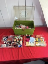 Vtg Wil-Hold Sewing Box Avocado Green Clear Tray Thread Buttons Notions Huge Lot picture