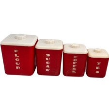 Vintage 1950s Lustro-Ware Red Canister Set of 4 Flour Sugar Coffee Tea MCM USA picture