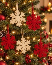 West Elm Felt Snowflake Christmas Tree Ornaments- Red & Off White Cream- Qty 8 picture