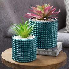 Dark Turquoise Ceramic Hobnail Textured Planter Pots w/ Drainage Hole, Set of 2 picture