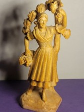 Vintage Hand Carved Wood Figurine Girl Harvest Grapes Peasant Folk Art picture
