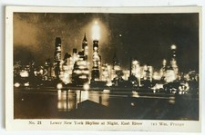 1939 NY RPPC Postcard Lower New York Skyline Night East River World's Fair stamp picture