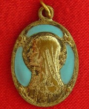 Vintage MARY Medal BLUE ENAMEL Relgious Catholic LOURDES Pendant 5/8
