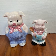 Vintage Ceramic Pig Cookie Jars Pair Large Small Farmhouse Kitchen Decor Lot 2 picture