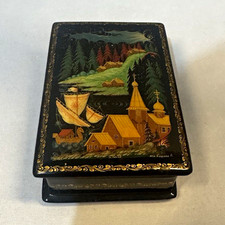 Vintage Ukrainian Folk Art Lacquer Trinket Box Hand-Painted Village Church Scene picture