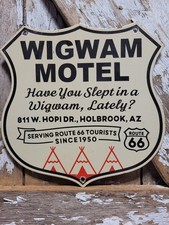 VINTAGE WIGWAM MOTEL PORCELAIN SIGN OLD ROUTE 66 ARIZONA TEEPEE HOTEL GAS STOP picture