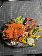 Hand crafted Talavera  Wind Blown Sun Face Mexican Folk Art Decor 12x15x3.5 NWT  picture