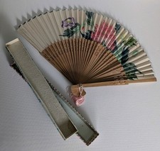 Vintage Oriental/Asian Hand Fan with Glass Topped Box Pink Tassel Beautiful picture