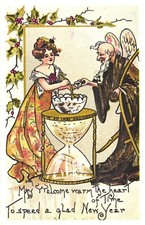 New Year Greetings Father Time Hourglass Allegory Divided Back Postcard c. 1910 picture