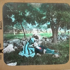 Antique DeWitt C Wheeler Hand Tinted Magic Lantern Glass Slide Couple Under Tree picture