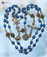 Lady of Fatima, Miraculous Mary, Sun Rosary Bronze Heirloom, Blue Jade picture