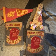 Vintage rare high Escambia Academy Cougars Pennant Wood Plaque sign Ribbons Lot picture