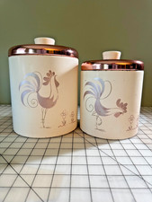 Vintage Ransburg Rooster Canisters Set 2 Large Metal Copper Lids MCM Kitchen picture