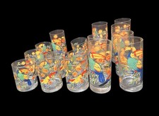 VTG 16pc Cerve Italian Glass Tropical Bird Tumblers Lowball & Highball 70s Tiki picture