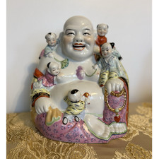 Vintage Porcelain Laughing Buddha (Budai) Statue w/ Children picture