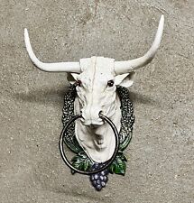 Cast Iron White Bull Head w/ Horns Hitching Ring Towel Holder, 11” x 6” picture