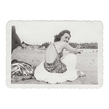 Vintage Snapshot Photo Woman Looking Over Shoulder Beach Backless Swimsuit 1940s picture