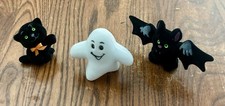 Three Small Vintage Flocked Halloween Decorations - Cat, Bat, and Ghost picture