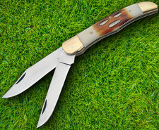 Copperhead Hunter Pocket Knife Satin Stainless Steel Blades Jigged Bone Handle picture