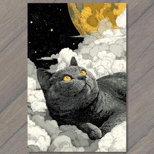 POSTCARD Mystic Black Cat Golden Eyes Moon Stars Cloudscape Night Sky Celestial picture