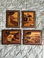 Vintage Wood Inlaid Picture Wall Art Panels-Set Of 4 picture