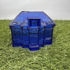 Vtg Cobalt Blue Glass Colonial House Mansion Trinket Candy Box with Lid 5.5
