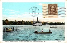 Chautauqua Lake NY Steamboats Rowboats Linen Postcard 1942 Posted Wyoming picture