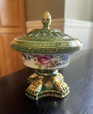 Vintage Hand Paint Gold Green Floral Claw Foot Compote Incense Potpourri Bowl 6