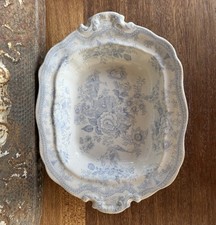 Antique Blue White Transferware Footed Serving Dish, Staffordshire Style, 1800's picture