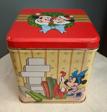 Walt Disney The Tin Box Co Vintage Christmas Mickey Mouse Hinged Storage Tin picture