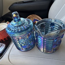 Iridescent Blue Carnival Glass Geometric Creamer & Lidded Sugar Bowl Set picture