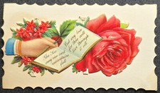 Victorian Embossed Valentine Die-Cut Card - Hand Holding Flowers & Red Rose picture