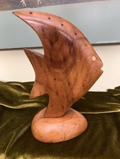 Vintage Dolphin Monkeypod Wood Carved Fish Figurine Sculpture on Base- MCM picture