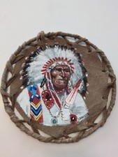 Vtg Irma Bracken Painted Hide Wall Art Chief Red Heart Cherokee Signed Round picture