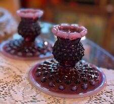 Two Vintage Fenton Hobnail Plum Opalescent Candlestick Holders — Rare Find picture