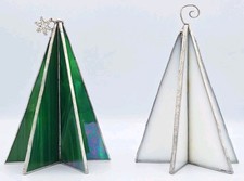VINTAGE Handmade 3-D Stained Glass & Metal 6 Sided Christmas Tree Decor Set 2Pcs picture